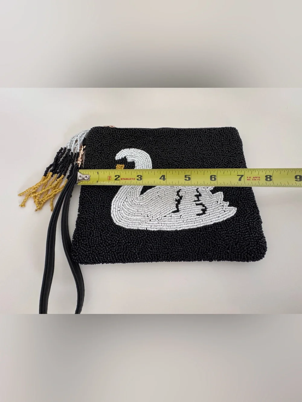 Sincerely Jules Swan Beaded Wristlet Clutch Black White Statement Evening Bag
